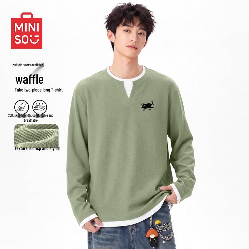 MINISO Men's Waffle Knit Long Sleeve Mock Two-Piece T-Shirt