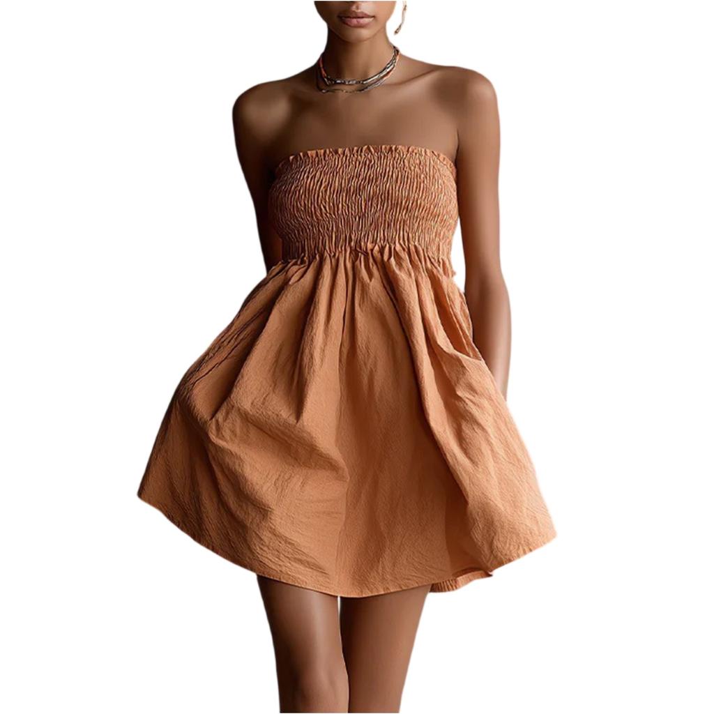 Women Strapless Tube Top Casual Dress Smocked Bodice Flowy Mini Dress Lightweight Solid Simple Sundress for Summer