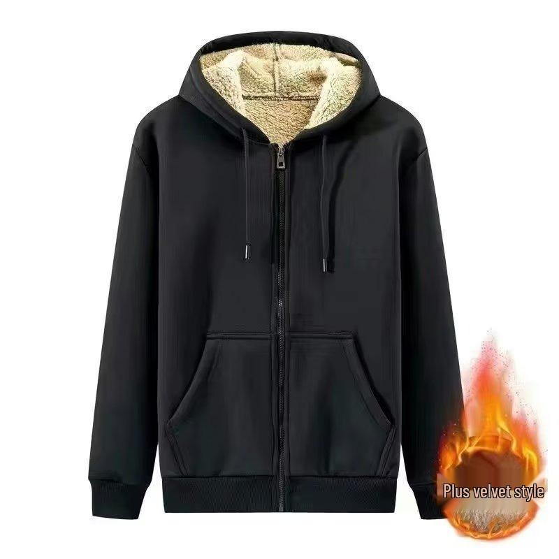 Men's Winter Thick Plush Hooded Cardigan with Zipper - Lambswool Lined, Loose Fit, Plus Size