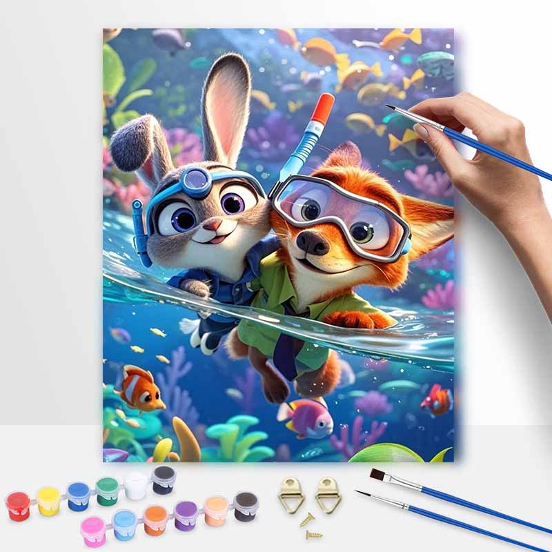 Disney oil painting handmade diy Zootopia Judy and Nick diving ocean theme gifts home decorations 20x30cm