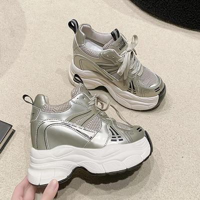 Fashion New Spring Women Breathable Mesh Chunky Sneakers 10CM High Platform Casual Shoes Lace-up Summer Sports Leather Shoes Woman 2024