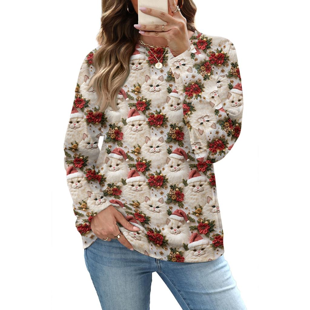 Women's Casual Polka Dot Christmas Print Top for Fall and Winter, Versatile Blouse