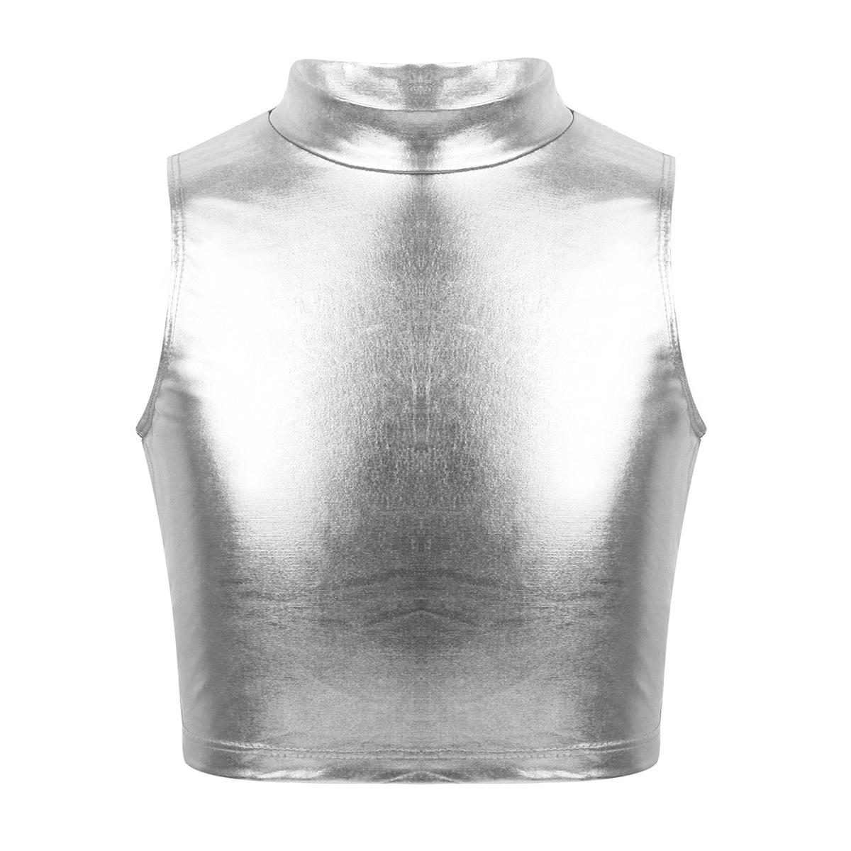 

Kids Girls Sparkling Sleeveless Turtleneck Crop Top Metallic Fitness Wear for Dance Practice