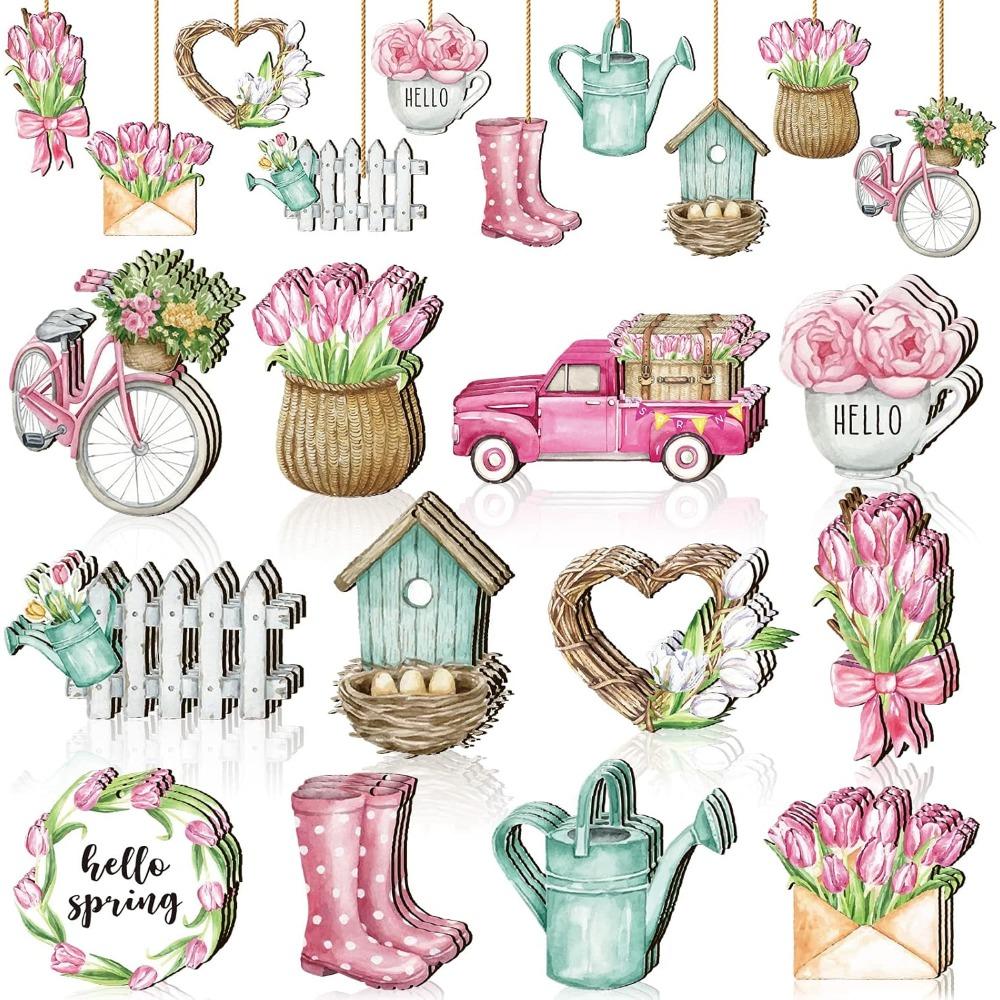 

36pcs Spring Flower Wooden Ornaments Sunflower Tulip Easter Tree Decoration Floral Gnome Hanging Wood Cutout Pastel Spring Decor 36pcs