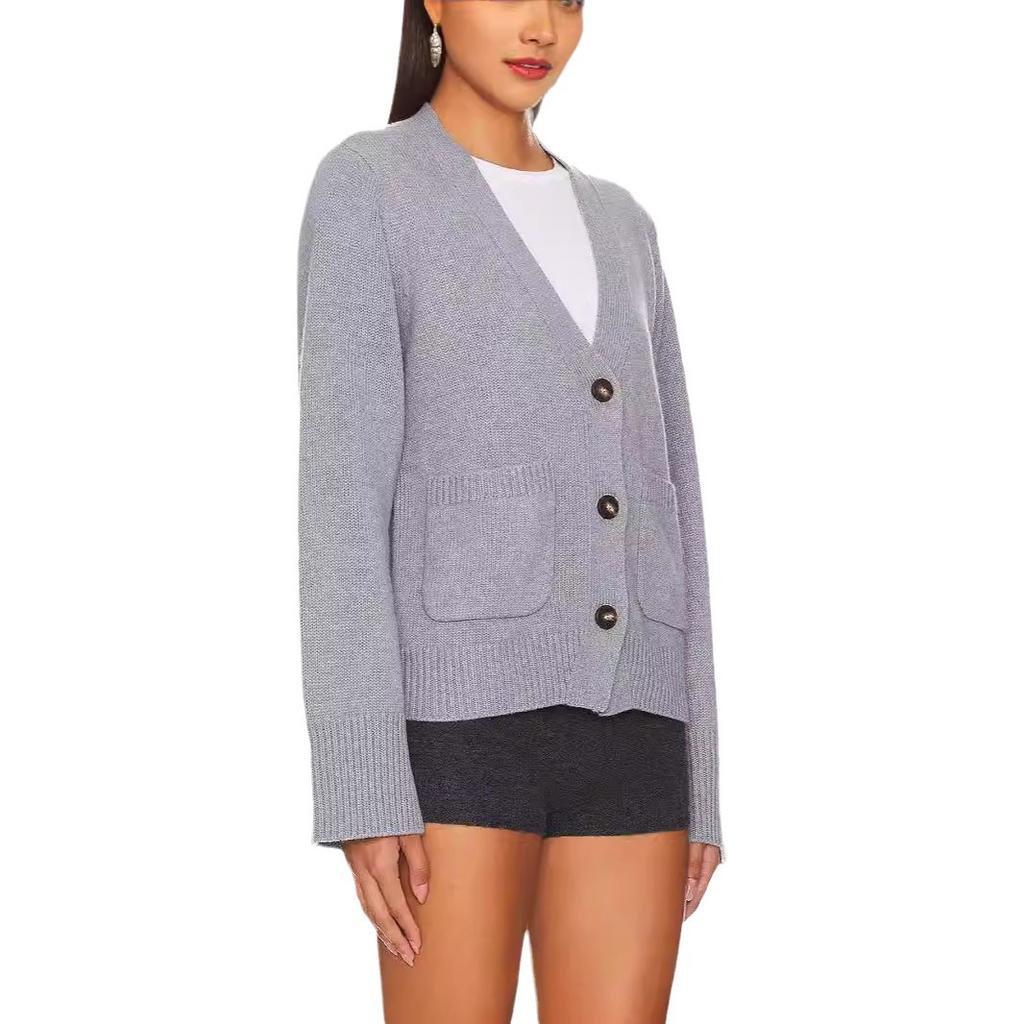 Women's Autumn and Winter V-neck Knitted Cardigan Solid Color Long-sleeved Casual Sweater