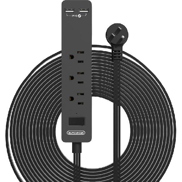 Long Extension Cord 15 Ft, NTONPOWER Ultra Thin Flat Extension Cord Under Carpet, Rug, Door, 3 Outlets Flat Plug Power Strip with 3 USB, Wall Mount,