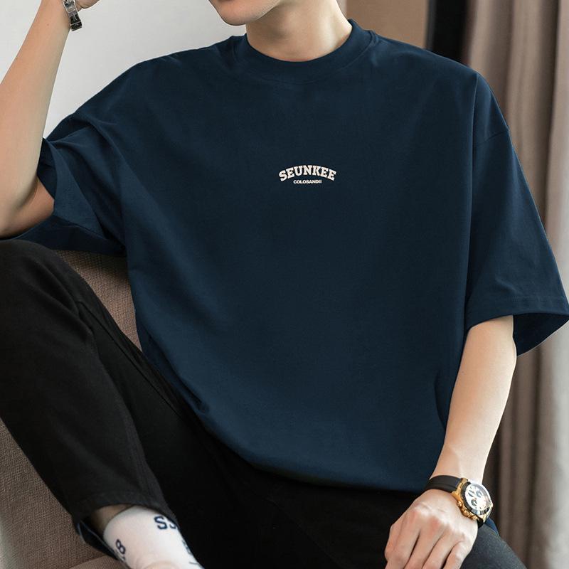 Men's Summer Heavyweight Pure Cotton Crew Neck T-shirt, 260g, Short Sleeve, Loose Fit