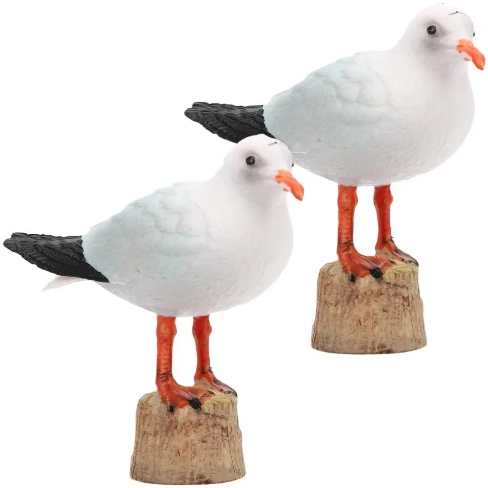 2 Pcs Funny Miniature Nautical Seagull Statue Handmade Unique Red-billed Gull Model Simulation Seagull Sculpture Decor Toys