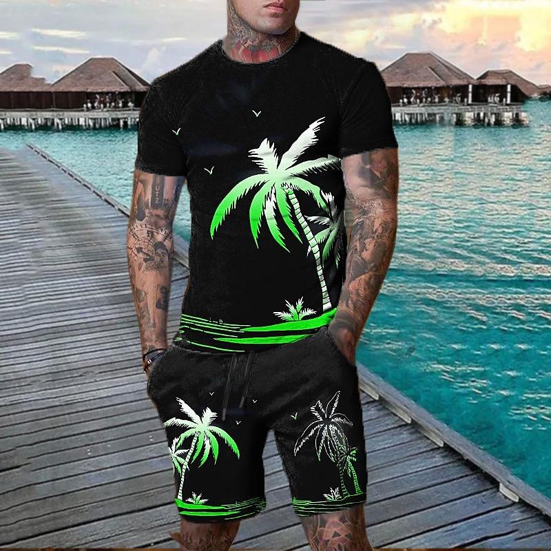 Men's Graphic Coconut Tree 2pcs Tees sets Shorts and T Shirt Set T-Shirt Outfits  Outdoor Vacation Daily 3D Print 2 Piece Spring & Summer Blue Purple