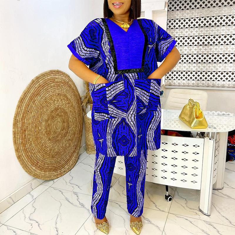 

2 шт. Женские свободные костюмы больших размеров с V-образным вырезом и коротким рукавом с цветочным принтом 5XL синий