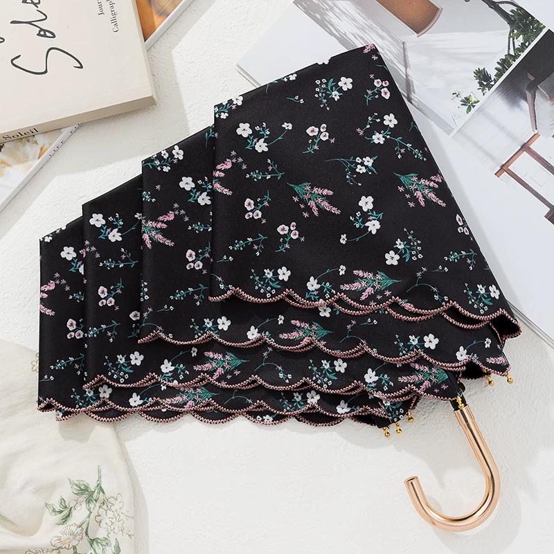Good-looking Floral Ultra-Light Portable Hook Foldable Sun Umbrella UV Protection Vinyl Sun Protective Sun Umbrella for Women