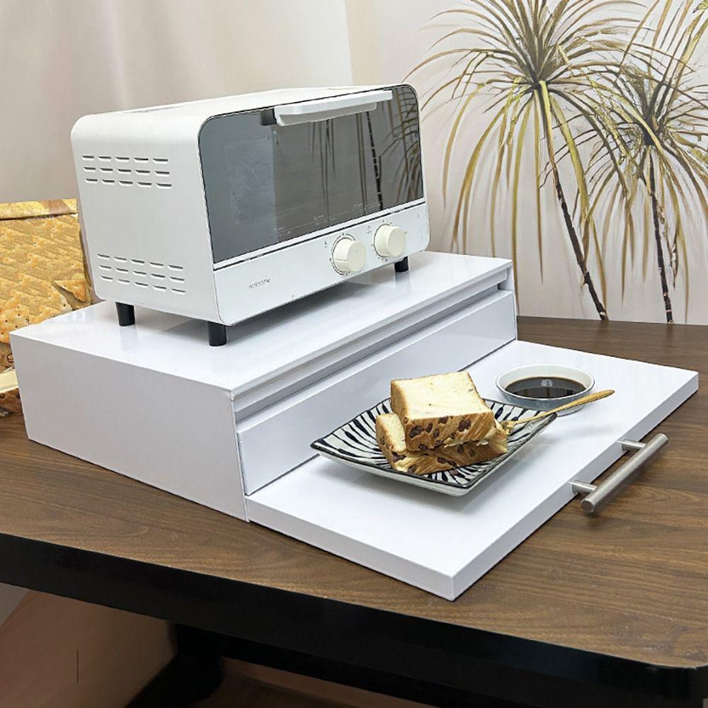 Carbon Steel Kitchen Pull-Out Tray With Extendable Board Single/Double Layer Microwave Drawer Shelf Non-slip Bottom Space-Saving