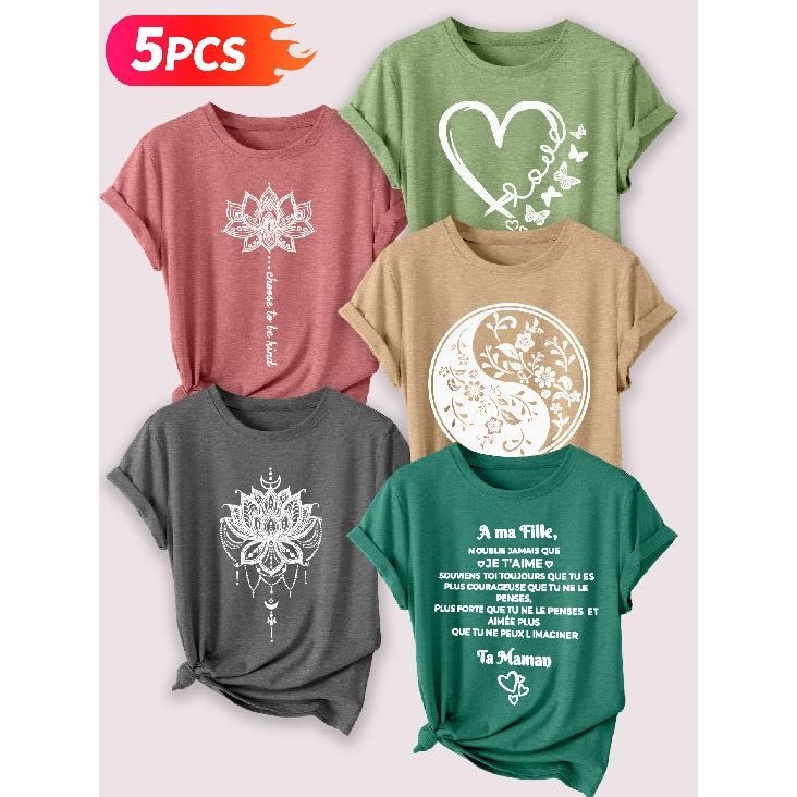 Lele Orientation Five-piece set for beautiful women T Shirt Mandala Lotus Yin-Yang Floral Heart Butterfly French Message Vintage Print Summer Casual