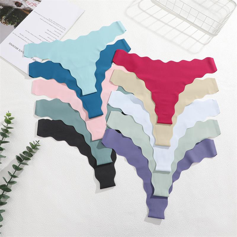 4 Stück Nahtlose Damen-Tangas Sexy Eisseide Wellengürtel Höschen Niedrige Taille Unsichtbarer G-String Dehnbarer T-Rücken Atmungsaktive Lingerie