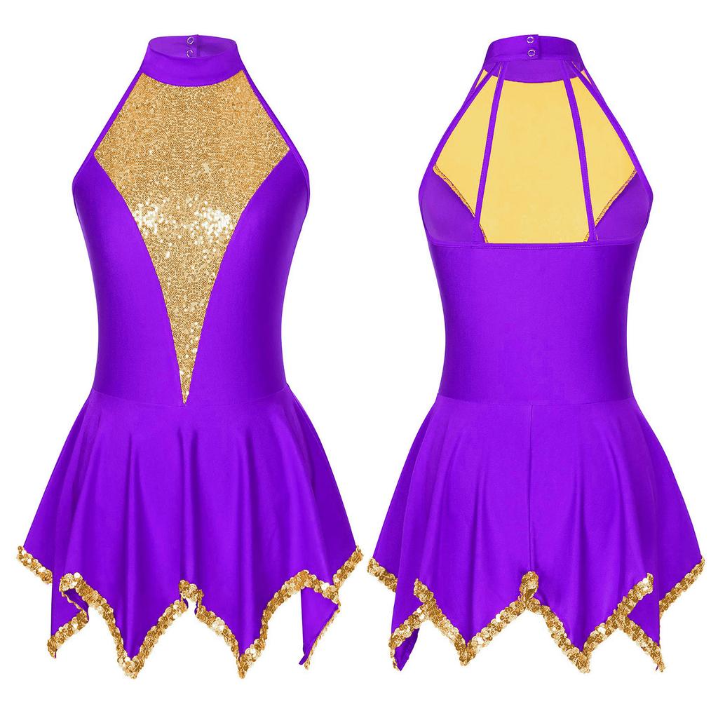 Women Girls Sleeveless Halter Figure Ice Skating Dress Sequins Gymnastic Dance Leotard Competition Costume