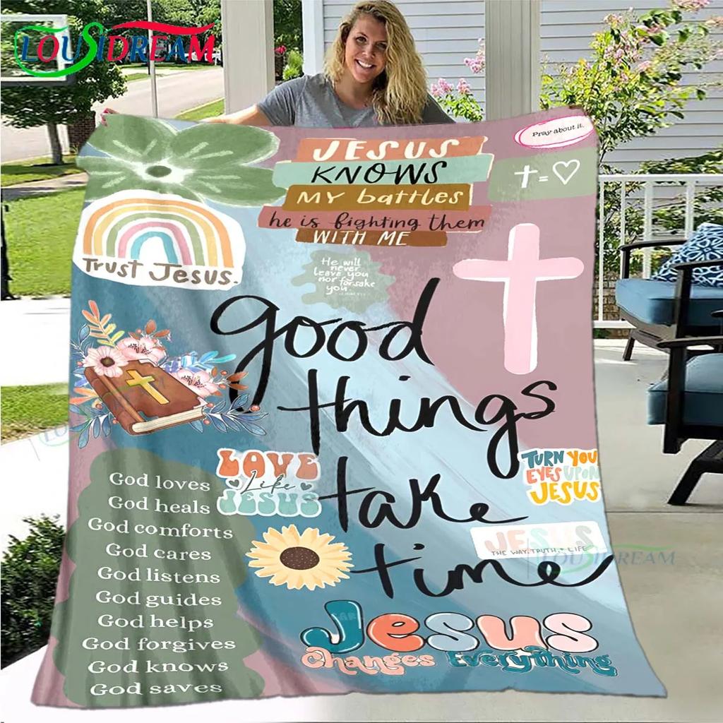 Fashion Bible Verses Jesus Pattern Blanket Flannel Thin Blanket Portable Home Travel Office Lunch Break Blanket Birthday Gift