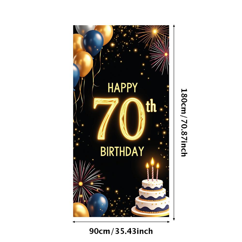Happy 70th Birthday Banner Backdrop Black gold Birthday Party Decorations Photography Props Sparkle Balloon Background