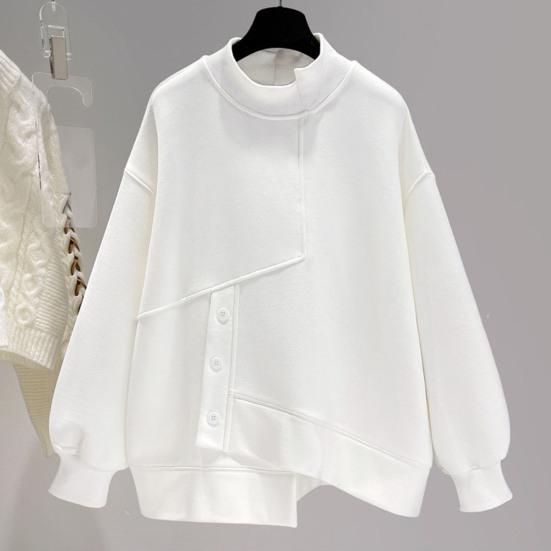 Women Solid Color Sweatshirt Half Sleeve Irregular High Collar Long Hem Pullover Tops Buttons Decor Tops Streetwear