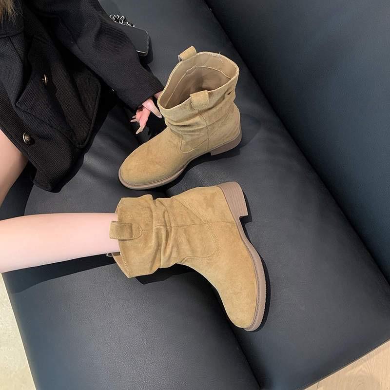 Retro runde Spitze Stapelstiefel Herbst neu merard hoher Absatz Western Cowboy Ritterstiefel mittelhohe Stiefel kurze Stiefel