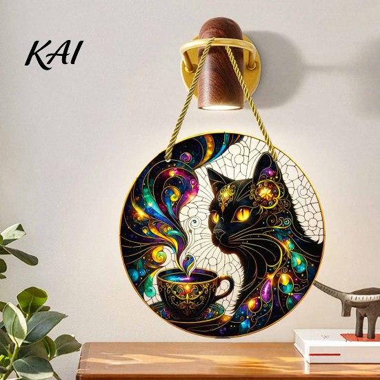 Stylish Cat Hanging Sign Moon Halloween Window Decor, Mystical Black Round Wall for Indoor Outdoor Art, Gothic Home Porch Door Ornament Artistic