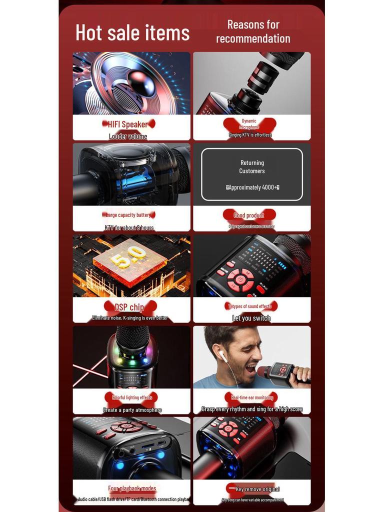 Bluetooth Wireless Microphone Speaker with Integrated Sound Card for Singing On Mobile Phones and TV.
