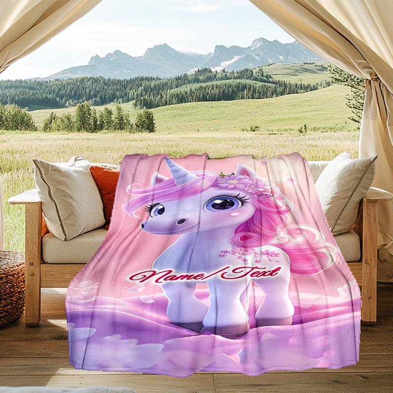 1PC Custom Name Magical Unicorn Fantasy Outdooor Flannel Blankets Throw Blanket All-Season Throw Gift Bedspread for Couch, Bed, Camping Holiday Birthd