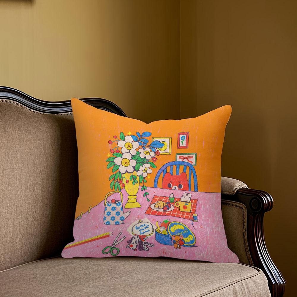 Orange Kitten House square Jacquard Pillow Cover for Sofa Office Waist Cushion Cover Home Decorative Pillowcase 40x40cm