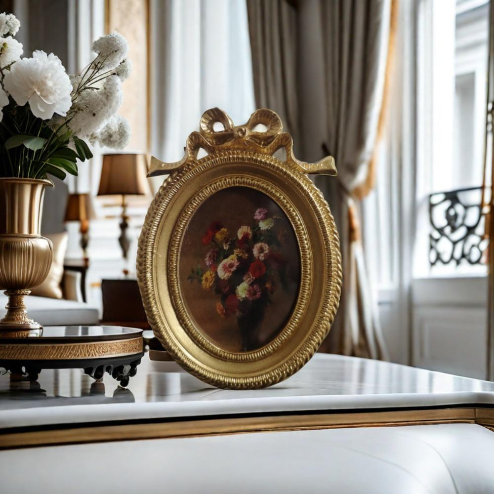 

Creative Resin Photo Frame Gold Bow Design Photo Holder Desktop Ornament Photo Display Stand Photo Display