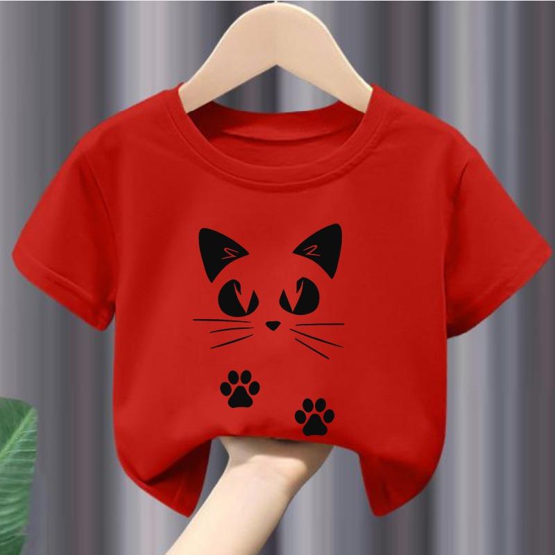 New Cartoon cat Print Black and White Summer Short-sleeved Children's T-shirt with Children's Clothing Boys Girl Clothes