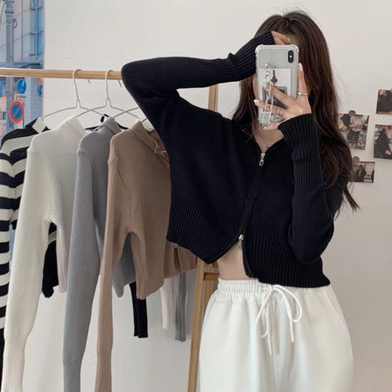 Wiosna jesień damski krótki płaszcz na drutach podwójny zamek błyskawiczny z kapturem dziergany kardigan z kapturem z długim rękawem jednolity kolor sweter płaszcz