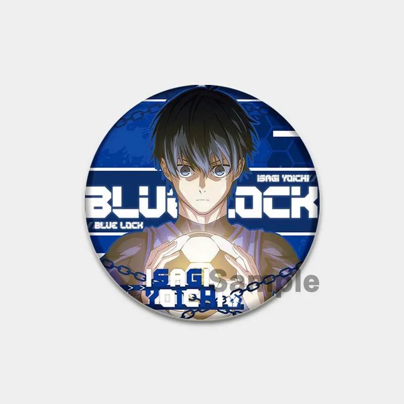32/44/58 mm runder Anime-Anstecker mit blauem Schloss, Zeichentrickfigur Isagi Yoichi, Brosche, individuell anpassbar, Snap-in-Abzeichen, Cosplay-Zubehör, Schmuck, Geschenke
