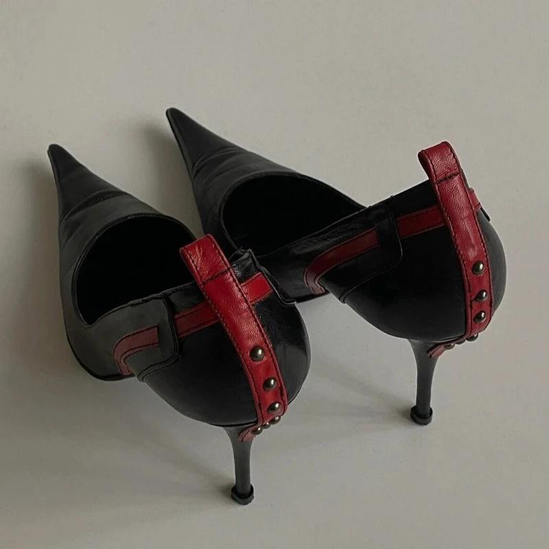 2025 Pointed Toe Stiletto Rivet Decoration Women Shoes Fashion Black and Red Rome Women Shoes Slip-on Hand-made