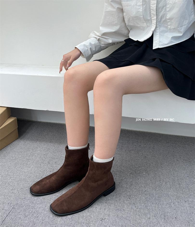 Retro suede thin boots women's 2025 autumn new versatile thick-soled elastic boots new rear zipper thick-soled short boots