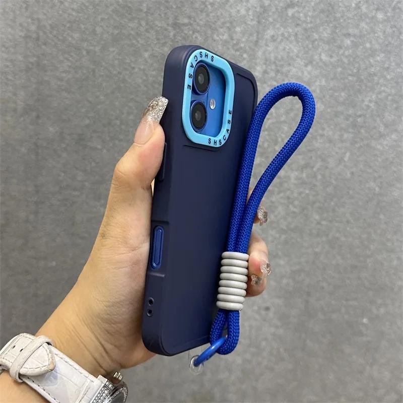 Fashion Lens Collision Color Wrist Strap Cases for iPhone 17 16 15 14 13 12 11 Pro Max Plus 17 Air Matte Silicone Lanyard Cover