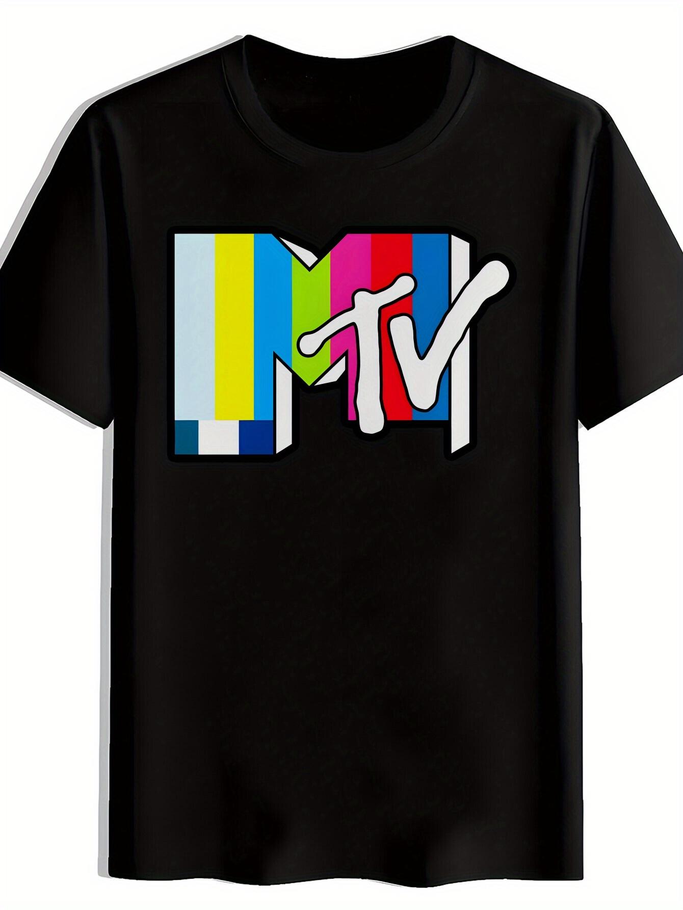 Retro Rock Band Graphic T-shirt - MTV Logo & Color Block Stripes Design S