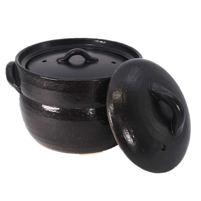 Maruyoshi Pottery Black Banko Rice Cooker, 2-cup capacity, Black, Diameter 16.3cm x 19cm x Height 16cm, Made in Japan, Banko ware, Suitable for gas st