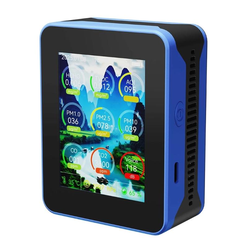 

Indoor Air Quality Monitor WiFi Realtime CO2 CO TVOC HCHO Temperature Humidity Detection Rechargeable Design чёрный