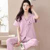 New pajamas women's summer short-sleeved trousers 100% pure cotton thin women's casual lapel mother loungewear set summer