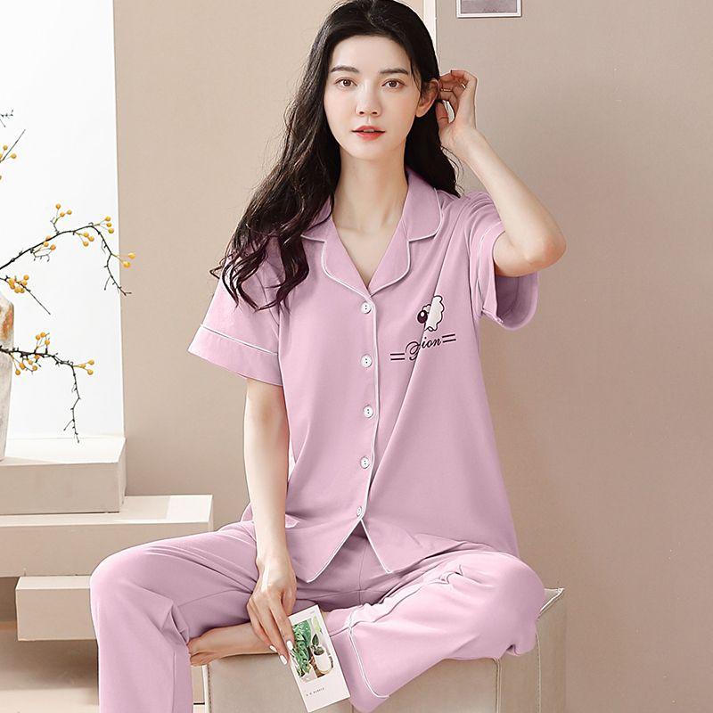 New pajamas women's summer short-sleeved trousers 100% pure cotton thin women's casual lapel mother loungewear set summer