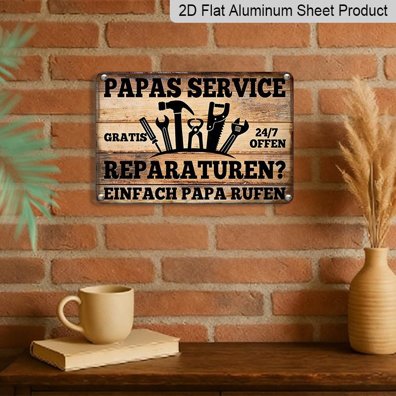 2D Flat, 1pc "Papas Service Reparaturen" Vintage Sign, 12"×8" - Funny German Dad Repair Plaque, Tool & Wood Style - Aluminium Wall Hanging for Garage