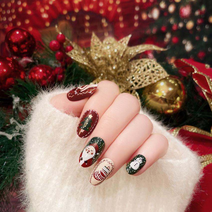 Santa Claus Elk Snowman Cartoon Print Fake Nails for Christmas Party 24pcs Wearable Press On Nail Patch Artificial Wear Nails