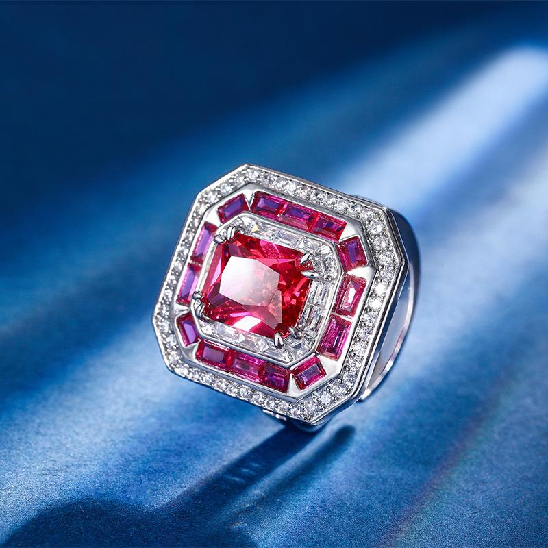 Autumn And Winter Jewelry Copper Bottom Gold-Plated Simulation Red Corundum Blue Spinel Square Ring Female 8 * 10