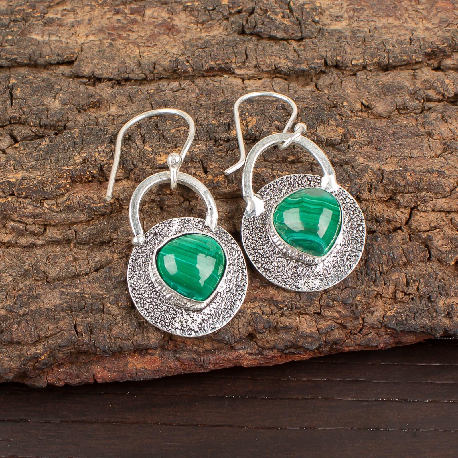 

Natural Malachite Gemstone 925 Sterling Silver Handmade Dangle Earrings 1.30 EE-63-29