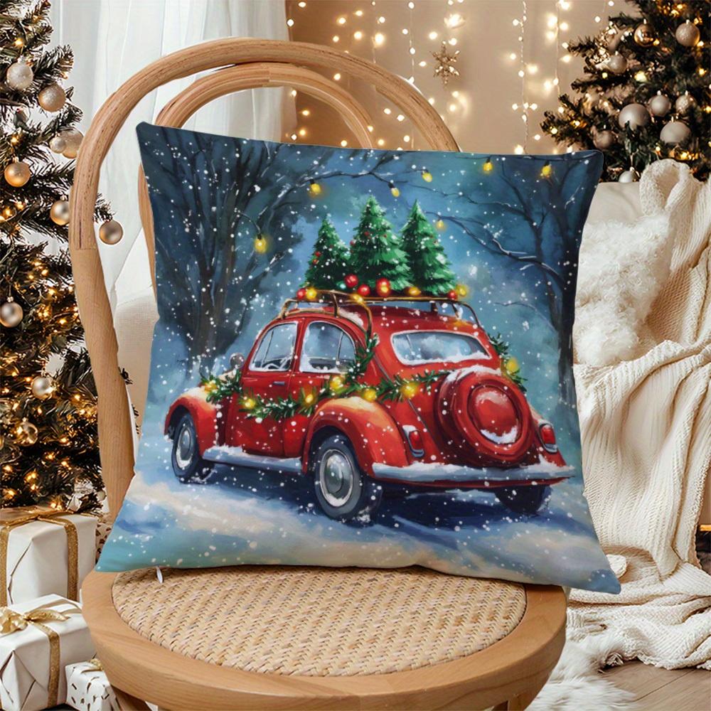 Happy Holidays Red Christmas Car Double Sided Pillow Cover Hidden Zipper Cushion Sofa Bed Living Room Decor No Insert