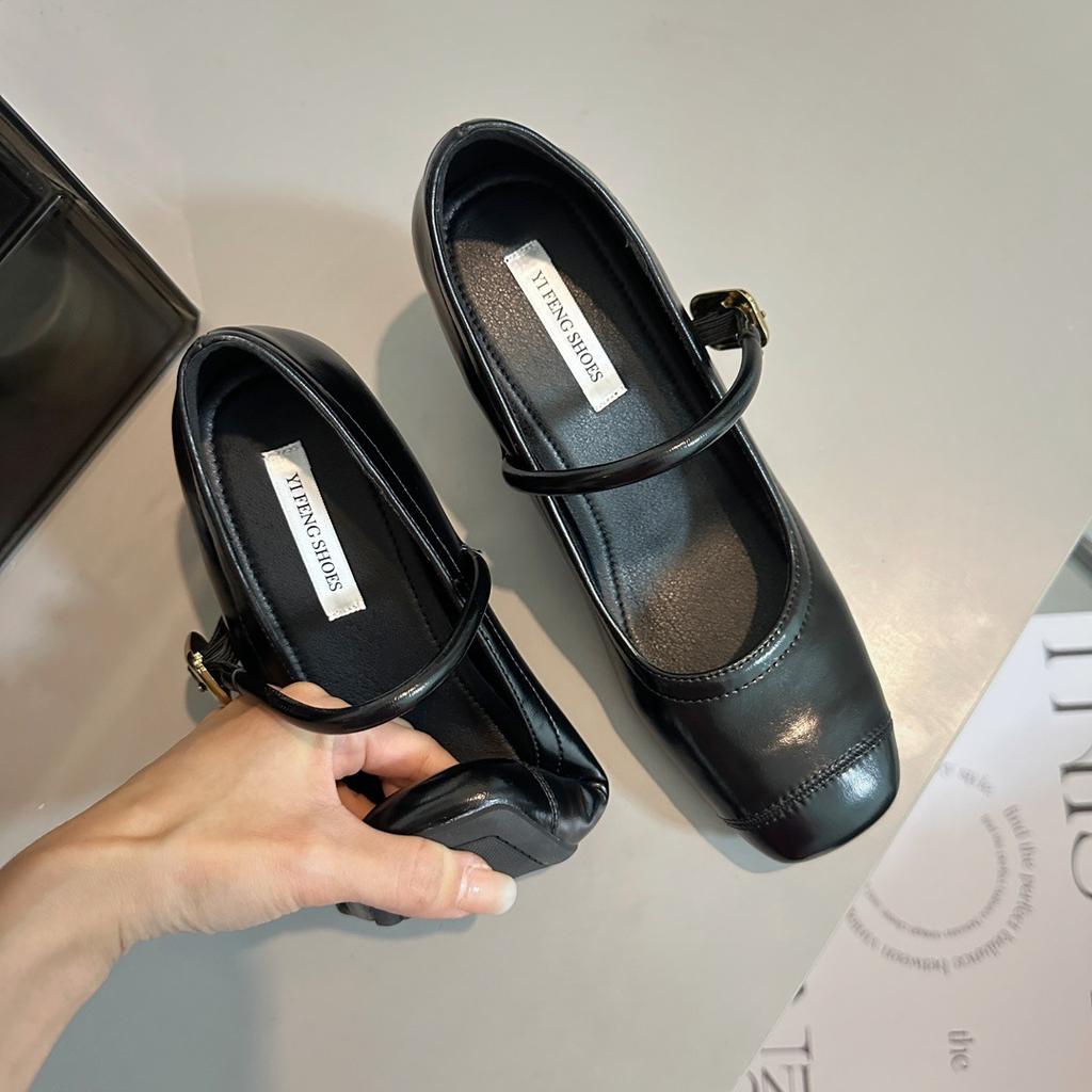 Rindslederversion~ Kleiner innerer Höhenzuwachs dicker Absatz echtes Leder Mary Jane Damen Schuhe Ein-Wort-Schnalle eckige Spitze flacher Ausschnitt Pendeln