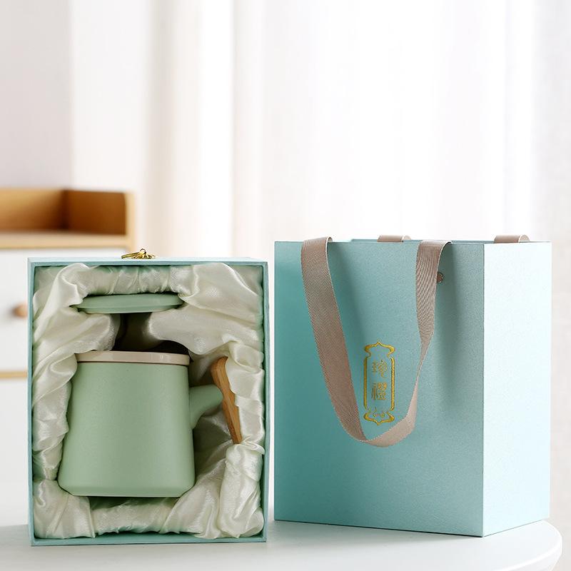 Ceramic Wooden Handle Mug with Lid Tea Separating Cup Office Water Cup Advertising Gift