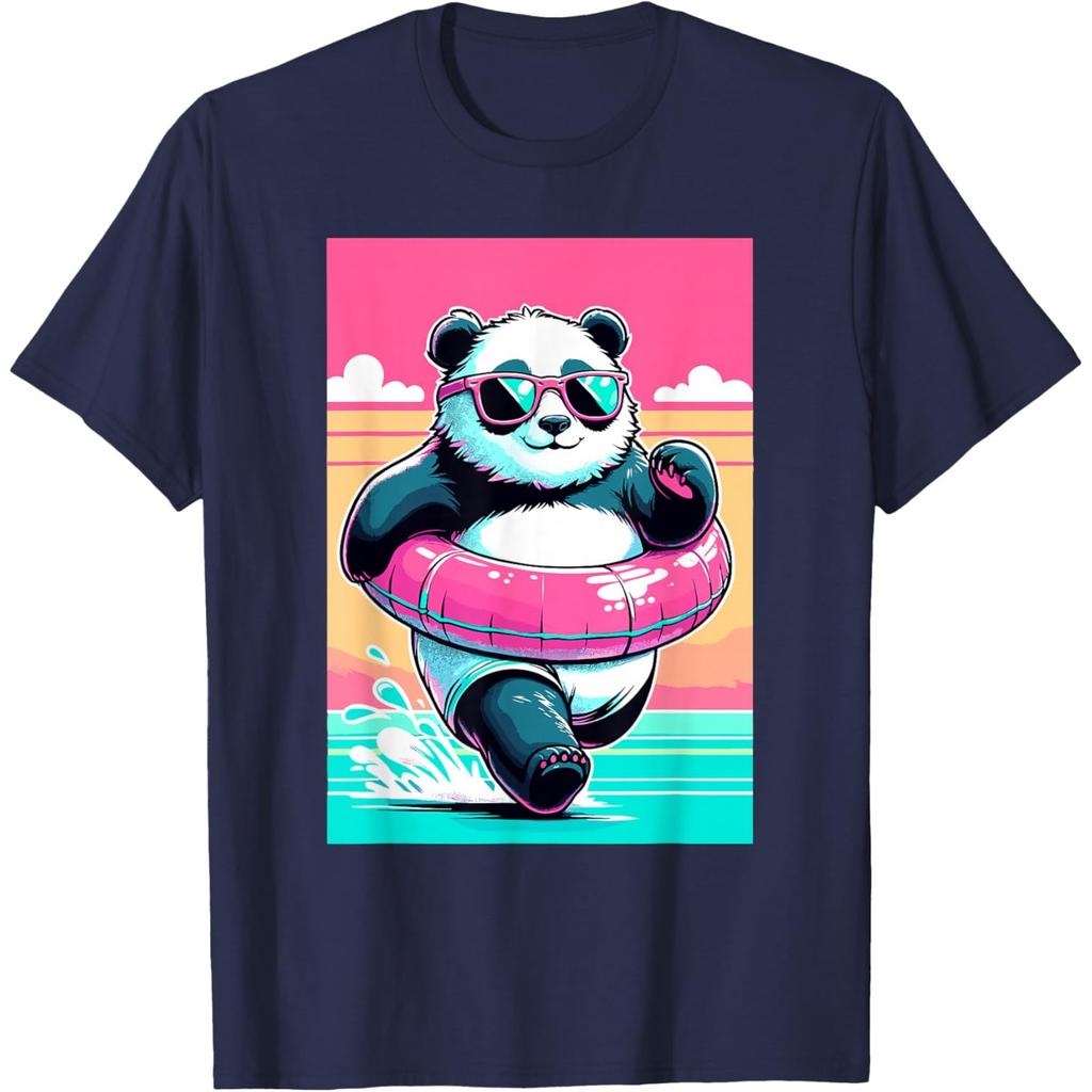Funny Summer Panda Graphic Tee Cool Cartoon Animal Swim Ring Summer Vacation Beach T-Shirt