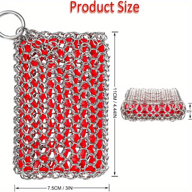 Cast Iron Skillet Cleaner, Stainless Steel Chainmail Cleaning Scrubber with Silicone Insert for Cleaning Castiron Pan