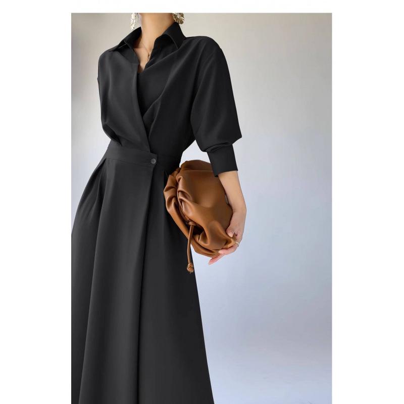 

Spring 2608 Plus Size Women s Tummy-Concealing Long Shirt Dress with Collar XL чорний