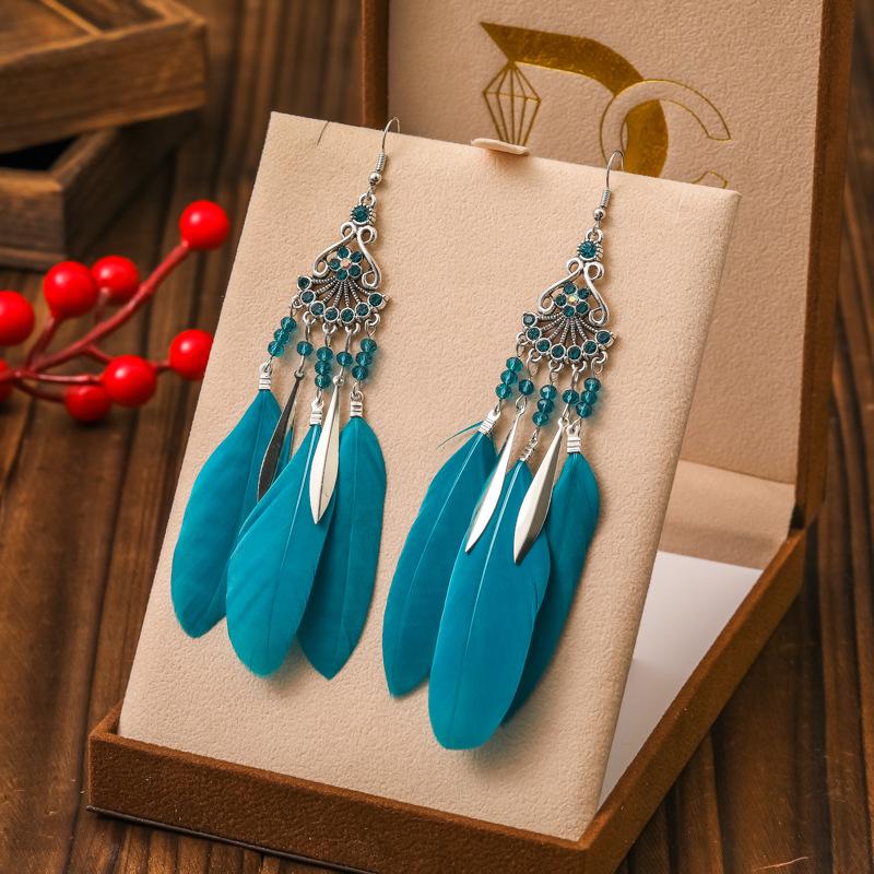 Vintage Ethnic Bohemian Crystal Beads Handmade Feather Tassel Women Earrings Long Drop Dangle Boho Jewelry Pendientes Mujer